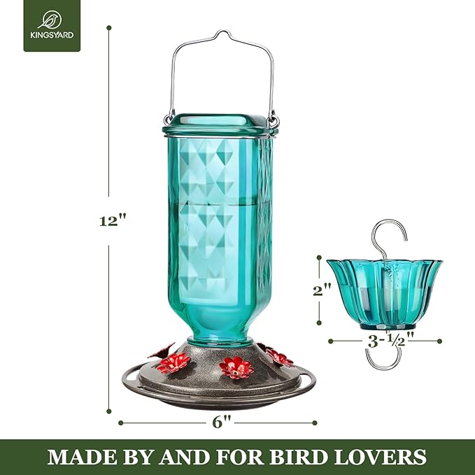 Kingsyard 2 Pack Glass Hummingbird Feeder for Outdoor Hanging, 24 Ounces, 6 Feeding Ports, Bird Nectar Feeder for Garden Décor, Ant Moat Included, Turquoise