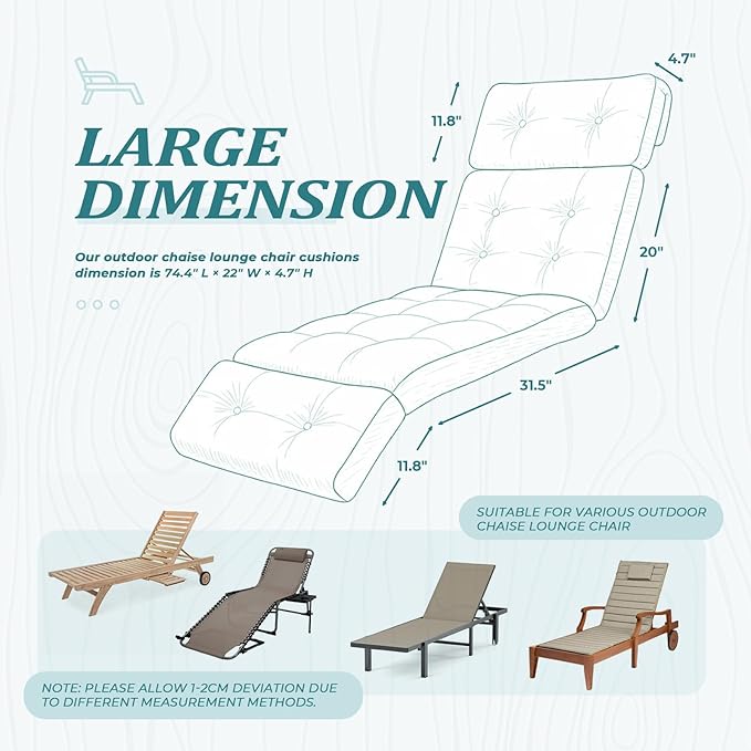 Waterproof Long Lounger Chair Cushion Outdoor Chaise Lounge Chair Cushionswith Ties, Patio Recliner Thickened Lounge Chair Cushions for Indoor 74.4 x 22 x 4.7 Inches, Cushion Only(Lake Blue)