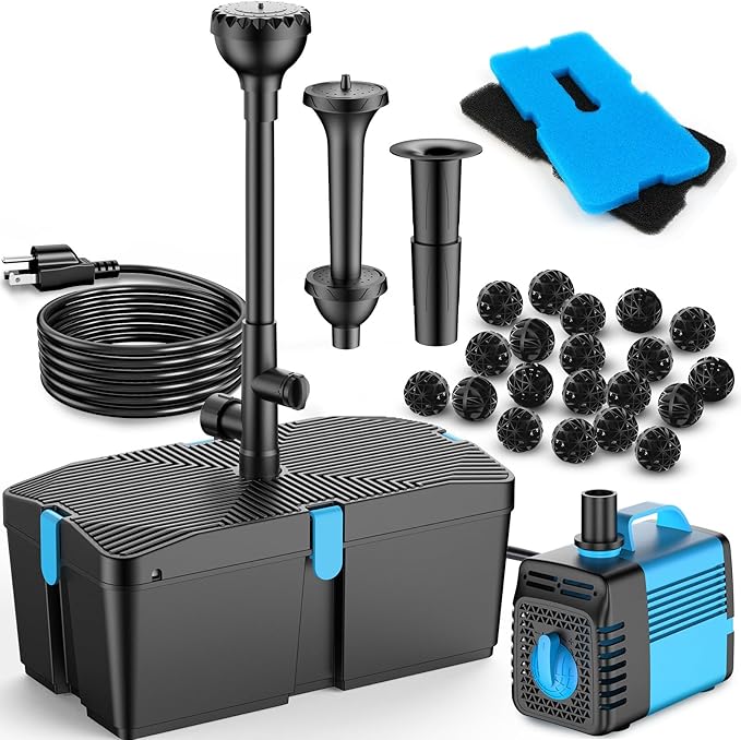 Pond Filters for Outdoor Ponds, 820 GPH Pond Filter with Fountain Pump Kits, 60W Pond Pump and Filter Kit for Koi Pond Clean, Garden Fountains, Waterfall