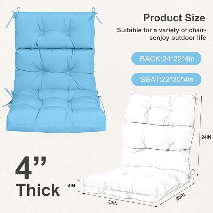 Outdoor High Back Chair Cushions 2-Pack, 44"x22"x 4" Fade-Resistant Waterproof Tufted Pads with Ties for Patio Rocking & Adirondack Chairs (Sky Blue)