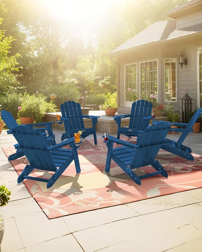Adirondack Chairs Set of 6, HDPE Material Fire Pit Chairs, Plastic Adirondack Chairs with 2 Cup Holder, Outdoor Lawn Chair for Patio Garden,NavyBlue