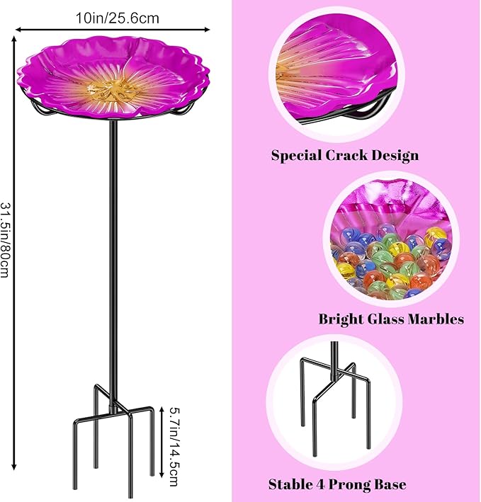 Bee Butterflies Watering Station, Standing Bee Feeder with Glass Marbles for Outside, Bee Bath Feeder with Metal Stakes Butterfly Puddler Garden Yard Déco (Rose)