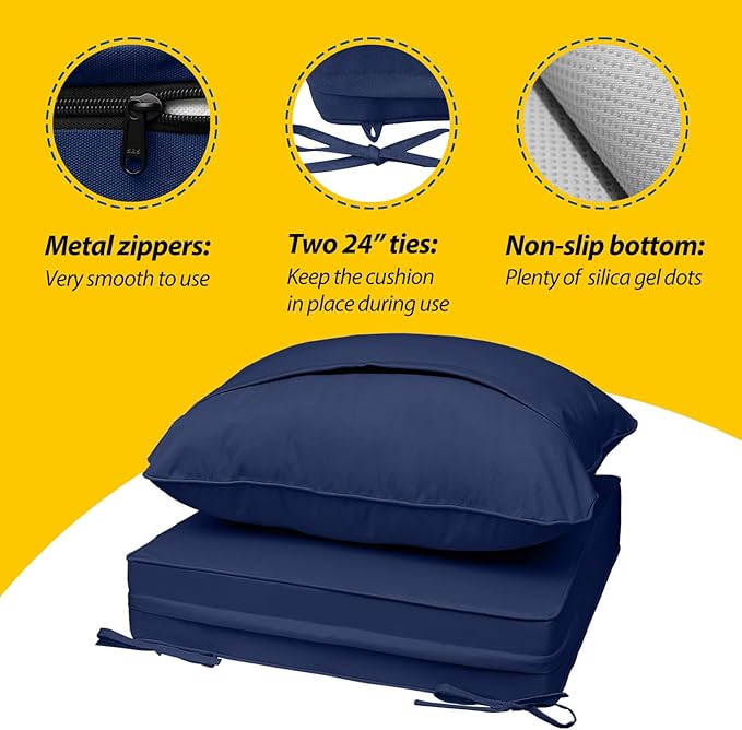 AAAAAcessories Outdoor Deep Seat Cushions, Waterproof, Fade-Resistant Patio Furniture Replacement Cushions, 25.5" x 25.5" x 5" + 25.5" x 19", Set of 4, Navy Blue