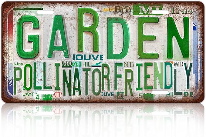 Vintage Garden Metal Tin Sign License Plate Wall Decor for Garden Lover 12 x 6 Inches - Pollinator Friendly