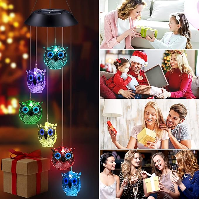 Solar Wind Chimes, Owl LED Solar Powered Wind Chimes Lamp Color Changing Waterproof Garden Chimes with Hook for Outdoor Indoor Patio Yard Deck Grandma Mom