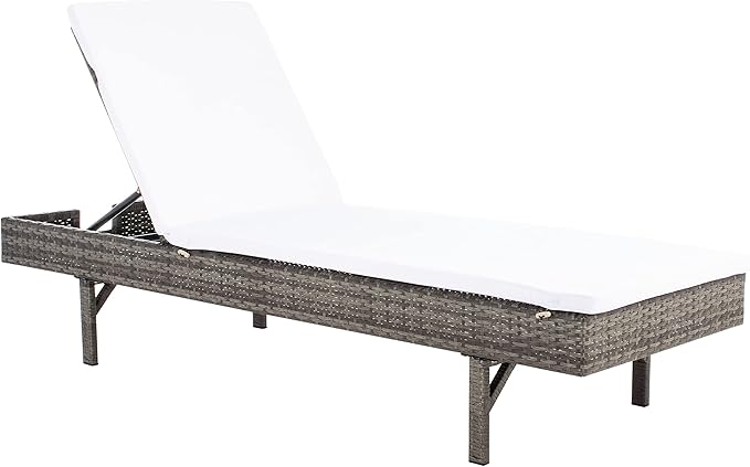 SAFAVIEH Outdoor Collection Cam Grey Brown Wicker/White Cushion Adjustable Chaise Lounge Chair, Black/Beige (PAT7501C)