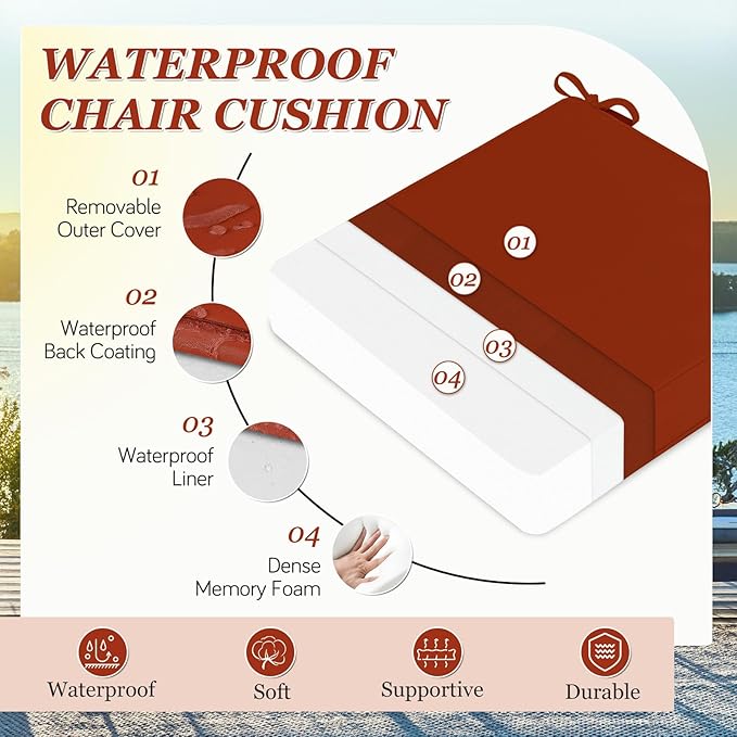 Waterproof Outdoor Chair Cushions Set of 2, Square Outdoor Seat Cushions with Ties and Removable Covers, 19 x 19 Outdoor Cushions for Patio Furniture with Portable Handle(Rust)