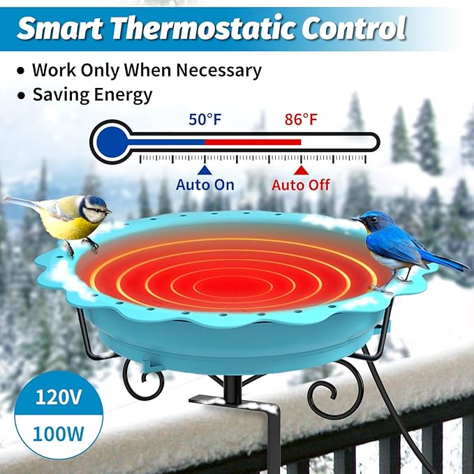 Heated Bird Bath for Deck Railing, Powerful 100W Thermostatically Controlled Heated Bird Baths for Outdoors for Winter, Heated Birdbath Water Heater for Outside Garden Yard Patio Lawn (Blue)