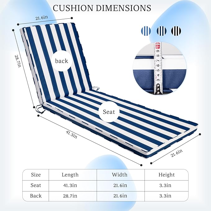 Chaise Lounge Cushions Outdoor Set of 2, 71"x22"x3" Patio Lounge Chair Furniture Cushions with Washable Covers for Pool, Patio, Lawn (Blue+White Stripes, 2 Pcs)
