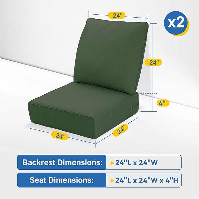 Outdoor Deep Seat Cushions Set of 2 for Patio Furniture, Waterproof & Fade Resistant Replacement Cushions with Removable Covers, 24 x 24 Inch, Dark Green