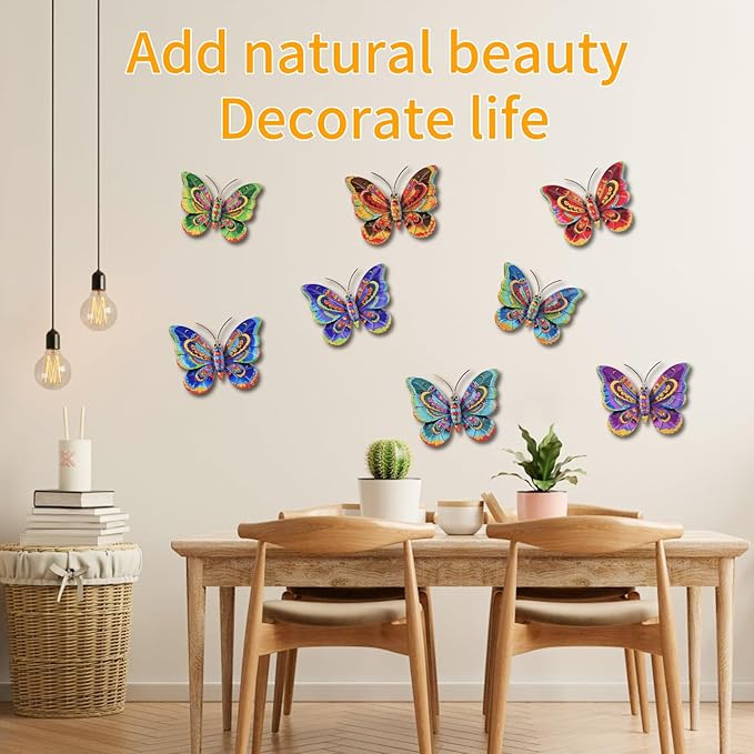 Junware 8 Pieces Metal Butterfly Wall Art Decor - 5.9" Outdoor Fence Wall Sculpture Decor, Hanging Decoration for Garden Yard Living Room Bedroom Patio Balcony, Nice Gift for Mom Friend