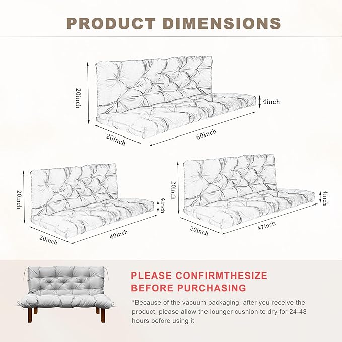 Porch Swing Cushion with Backrest,Waterproof Bench Cushion for Outdoor Furniture,2-3 Seater Replacement Thickened Swing Cushion with Ties,Patio,Outdoor,Backyard and Garden (Light Gray,60x40)