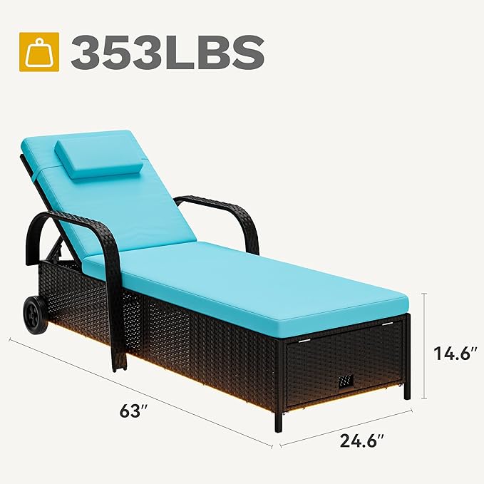 DWVO LED Outdoor Lounge Chairs, Patio Wicker Chaise Lounge Chair with LED Lights & 5-Level Backrest, Wheels and Storage for Deck, Pool, Backyard, Black & Blue