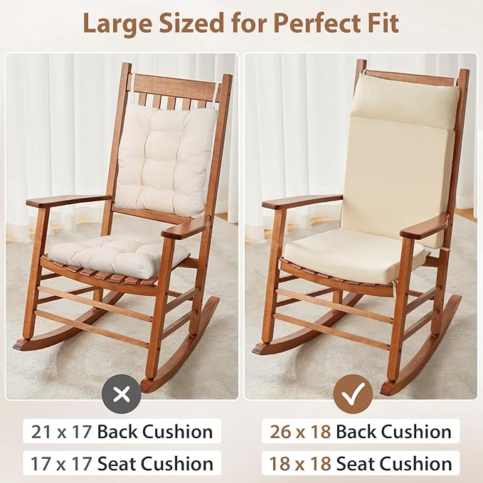 Waterproof Rocking Chair Cushions Outdoor & Indoor, Wooden Rocking Chair Pads Set of 2, Non-Slip Large Glider Rocker Replacement Cushions with Pillow & Ties,Seat Back Cushion for Rocker Beige