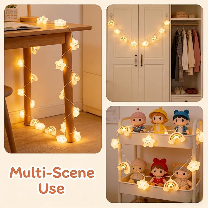 Star Cloud Rainbow Fairy Lights 20 FT 40 LED Lights， Warm White Fairy String Lights for Holiday Party Bedroom Wedding Garden Decoration (Stars Clouds Rainbows, 20FT)