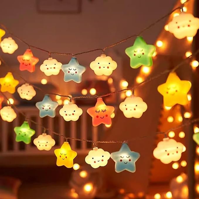 Colorful Clouds Stars Lights, 20 FT 40 LED Lights with Battery Operated Children's Bedroom Tents, Birthday Decorations, Wedding New Year Christmas Party Decoration (Stars Clouds, 20FT)