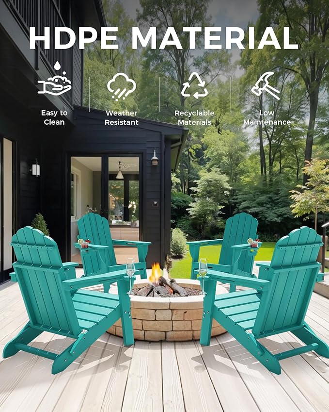 Adirondack Chairs Set of 4, HDPE Material Fire Pit Chairs, Plastic Adirondack Chairs with 2 Cup Holder, Outdoor Lawn Chair for Patio Garden, Lake Blue