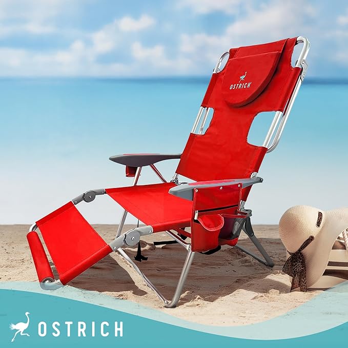 Ostrich Deltess 3N1 Portable Tanning Chair, Reclining Outdoor Lounger, and Cooler Bag, Lightweight and Adjustable, Red