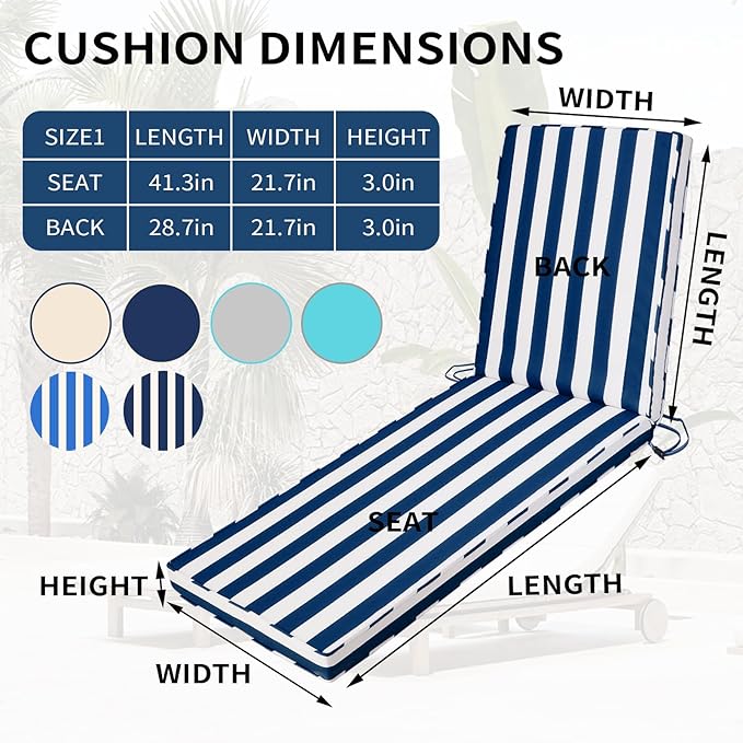Outdoor Chaise Lounge Cushions for Patio, 71"x22"x3" Lounge Chair Cushions, Waterproof Replacement Seat Pads for Outdoor Furniture (Navy Blue+White Stripes, 1 Pcs)