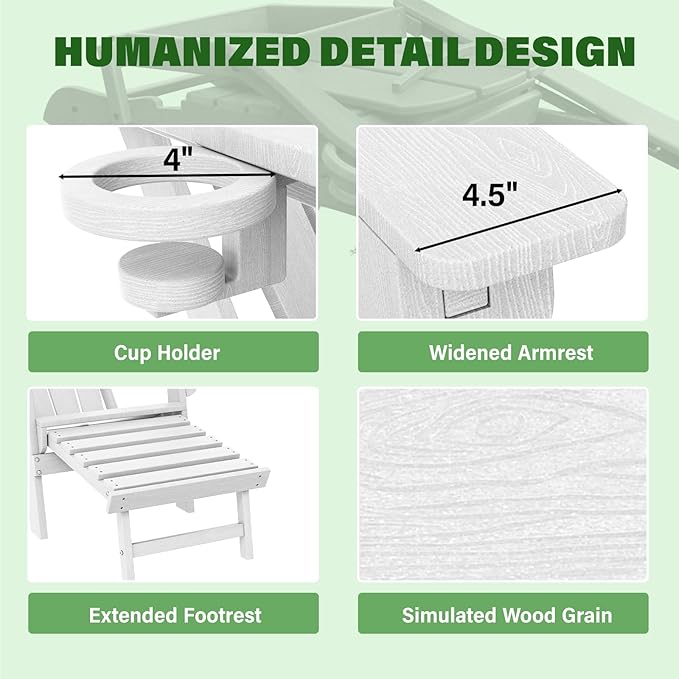 LOUNZY Folding Adjustable Adirondack Chair with Retractable Ottoman, HDPE Recliner Adirondack Chair with Cup Holder for Deck Lawn Fire Pit, White