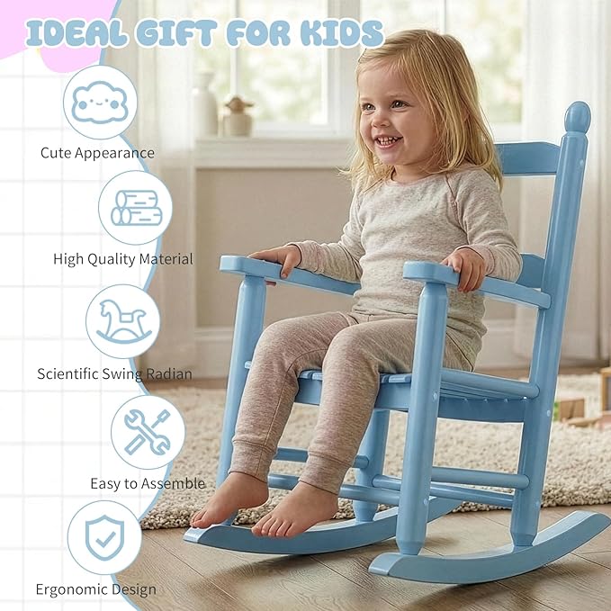 Outvita Kids Rocking Chair, Ergonomic Sturdy Toddler Rocking Chair with High Backrest & Rounded Armrests, Safe Solid Wood Baby Rocker Chair for Age 3-6, Outdoor,Living Room, Reading Room(Blue)