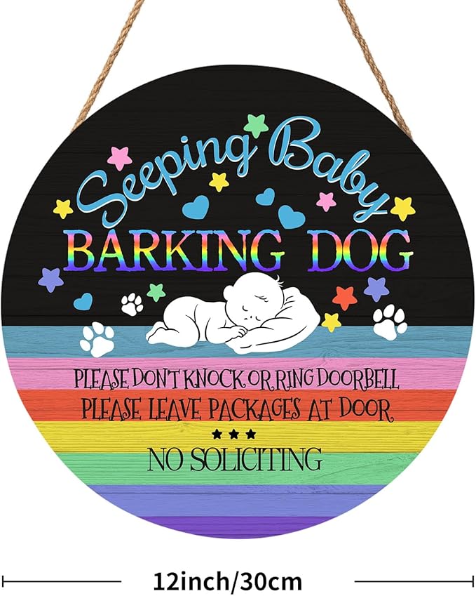 Sleeping Baby Sign Decor, Do Not Knock Or Ring Doorbell Hanging Sign 12"x 12" For Front Door, No Soliciting Sign For Home Baby Room Nursery Outdoor, Dog Warning Round Door Hanger Decorations