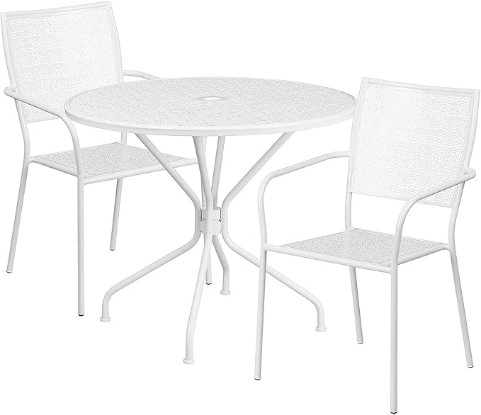 Flash Furniture Commercial Grade 35.25" Round White Indoor-Outdoor Steel Patio Table Set with 2 Square Back Chairs