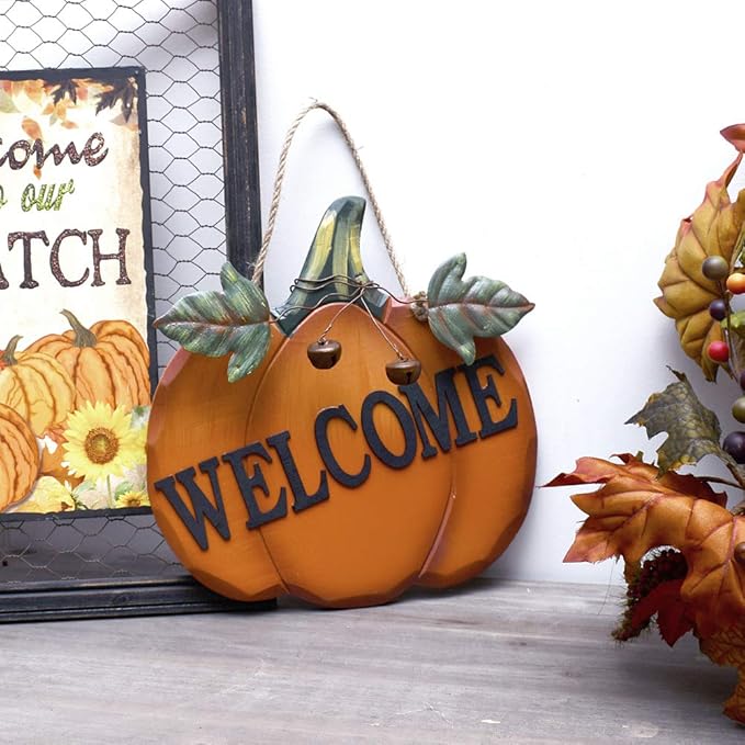 Wood Pumpkin Welcome Sign Fall Front Door Decor, Rustic Hanging Welcome Door Sign for Autumn Harvest Thanksgiving Halloween Door Wall Decoration Indoor Outdoor Fall Decor for Home 9.75"X9.5"