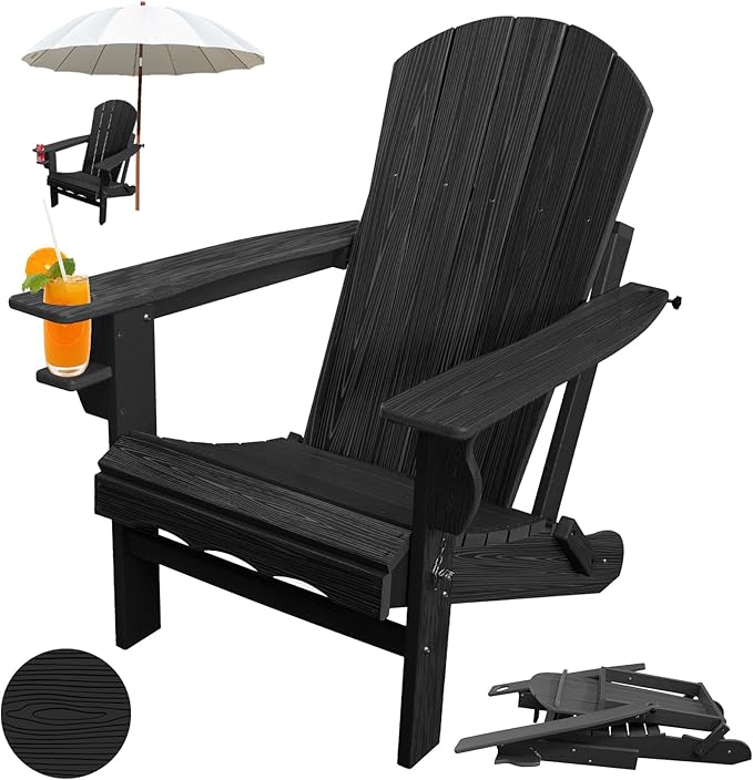 Folding Adirondack Chair, HDPE Plastic Black Adirondack Chairs Weather Resistant, Oversized Outdoor Fire Pit Chairs with Cup Holder and Umbrella Hole for Patio Garden, Lawn and Poolside