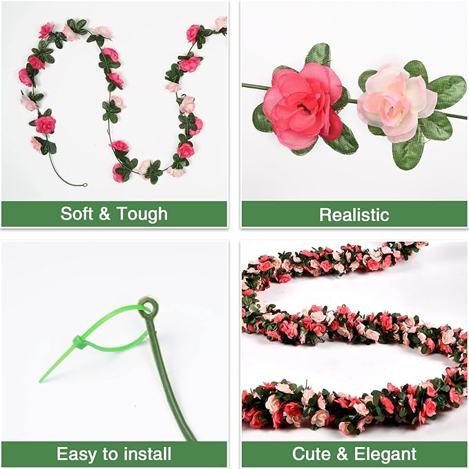 BLEUM CADE 8Pcs 66Ft Flower Garland Artificial Rose Vines with 66Ft String Lights, Cute Fake Hanging Flower Vines Floral Garland Decorations for Wedding Party Wall Room Decor Aesthetic