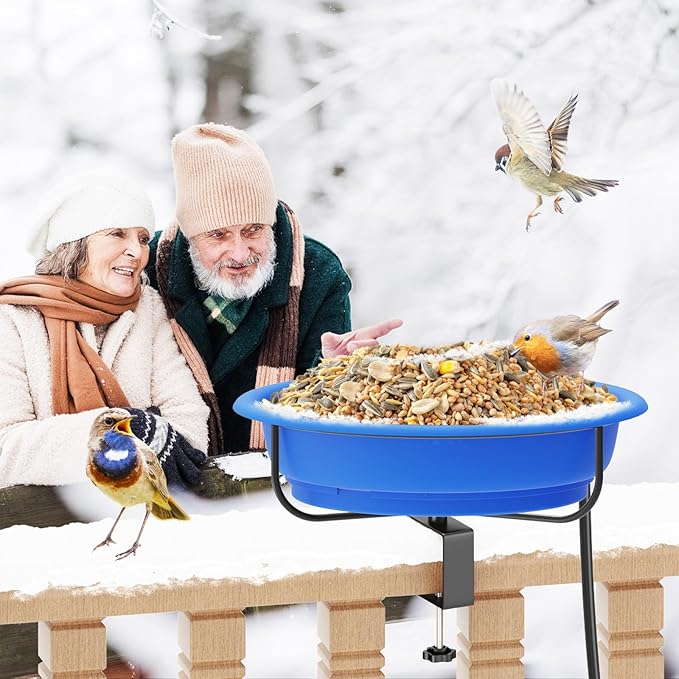 Heated Bird Baths for Outdoors Winter,100W Thermostatically Controlled Heated Bird Bath for Deck Railing Adjustable Metal Clamp Heated Birdbath for Outside Garden Patio Yard Lawn(Blue)