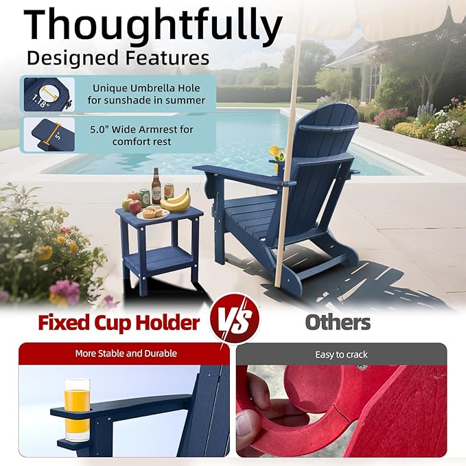 Folding Adirondack Chairs, HDPE Plastic Adirondack Chair with Cup Holder Weather Resistant, Wood Texture Outdoor Fire Pit Chairs for Patio Garden,Poolside and Deck, Umbrella Hole, Dark Blue
