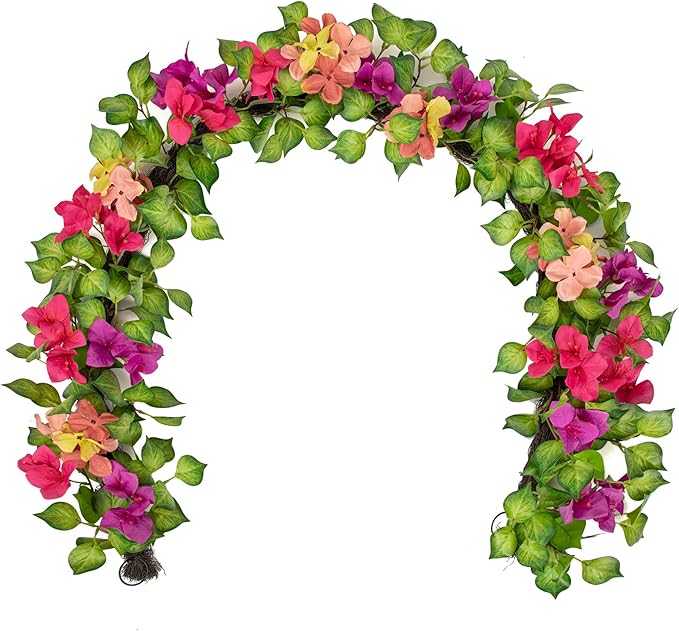 Briful 5.5FT Bougainvillea Flower Garland – Artificial Silk Floral Vine with Built-in Hook Faux Flower Garland for Backdrop Table Wall Wedding Party Home Decor, Pink Purple
