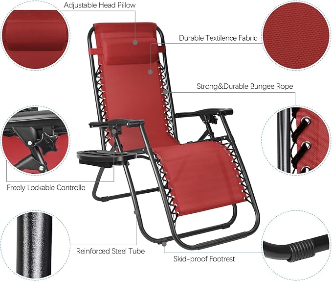 Flamaker Patio Zero Gravity Chair Outdoor Folding Lounge Chair Recliners Adjustable Lawn Lounge Chair with Pillow for Poolside, Yard and Camping (Red)