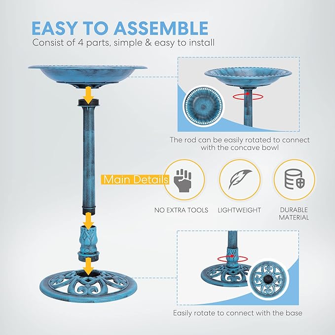 VIVOHOME Polyresin Antique Outdoor Blue Garden Bird Bath and Solar Powered Round Pond Fountain Combo Set
