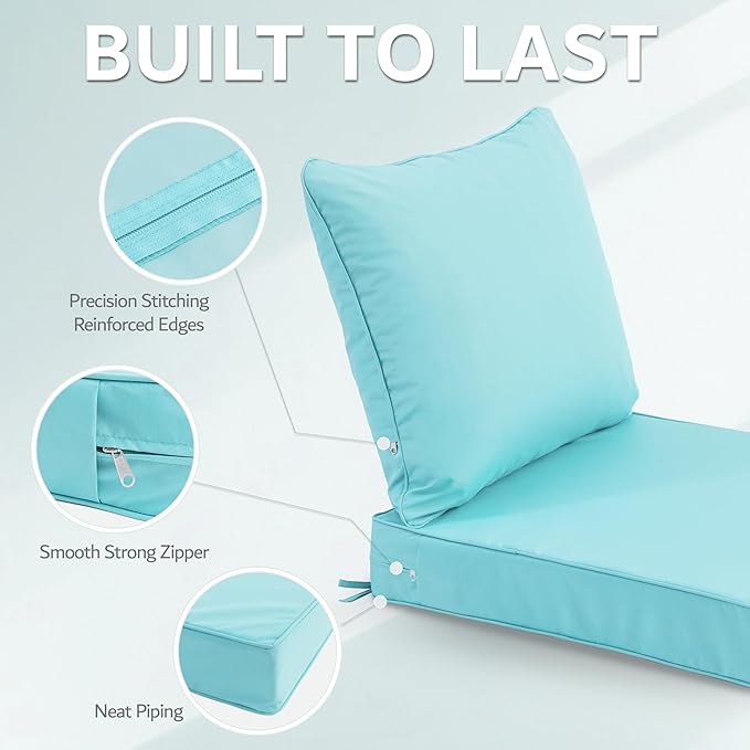 22x22 Inch Patio Chair Cushions Set of 2, Outdoor Furniture Cushions - Removable Cover, Water-Repellent, Fade-Resistant, Non-Slip Bottom & Straps, Replacement for Lawn, Porch & Deck Chair - Light Blue