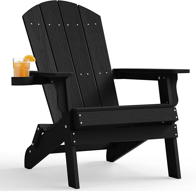 YEFU Adirondack Chair, Oversized Plastic Adirondack Chair Folding Outdoor Chairs with Cup Holder, Lawn Chair with Weather Resistant for Outside Deck Lawn Garden, Weight Capacity Up to 400 Lbs(Black)