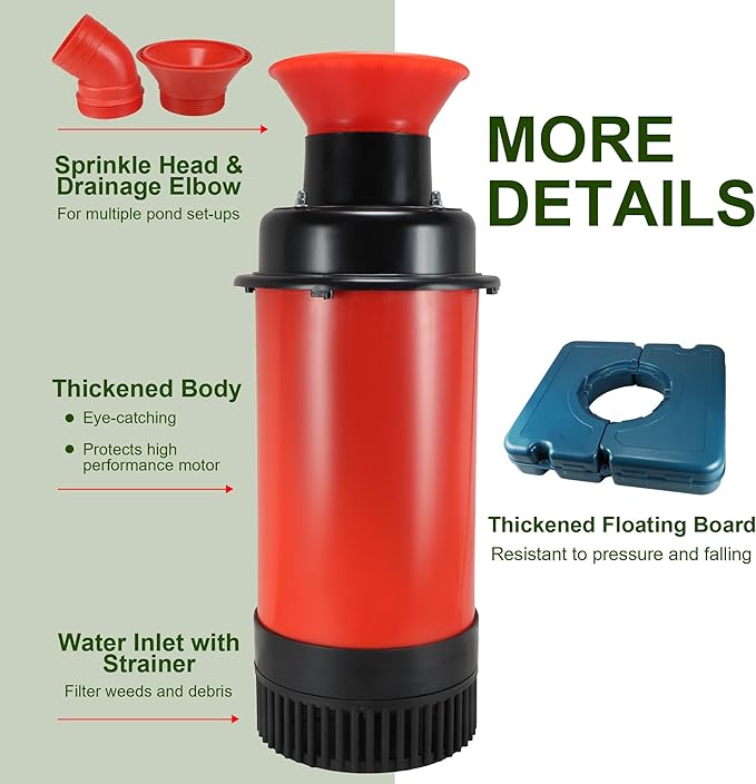 Pond Fountain Aerator, AS1 1HP 750W 15000GPH 110V High Flow Floating Water Fountain Pump With 100ft Power Cord, Thickened Body Aerating Fountains Cascade for Large Small Pond/Lake (No Timer)