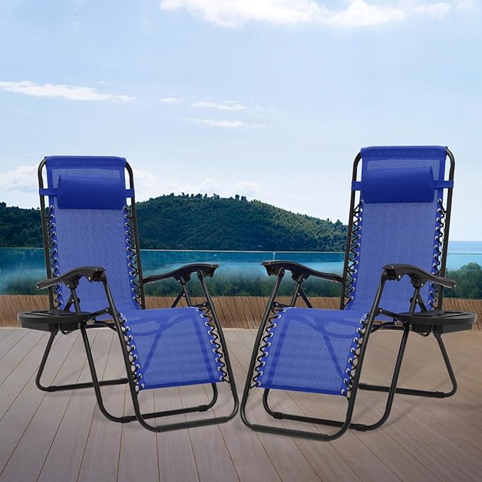 Athena Collection Zero Gravity Chair, Outdoor Lounge Chair with Adjustable Pillow and Cup Holder, Reclining Camping Chair for Outside Beach Lawn Garden Patio Poolside Set of 2 - Blue