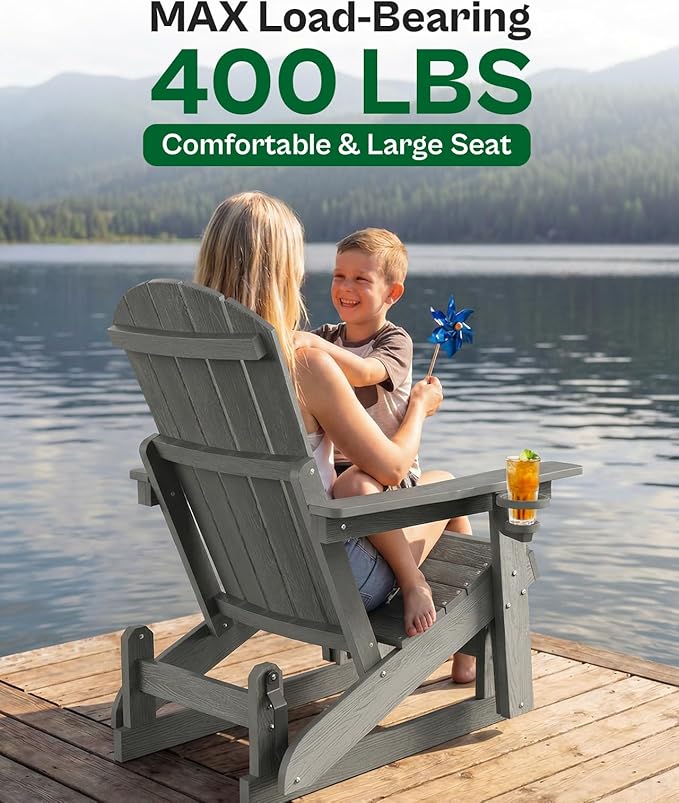 3-Position Adjustable Adirondack Chair with Cup Holder Set of 6, HDPE All-Weather Outdoor Glider Chair, Wood-Grain Fire Pit Chairs for Pool, Yard, Deck (Grey)