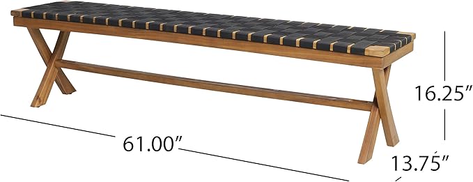 Christopher Knight Home Jeffery Outdoor Acacia Wood Bench with Rope Seating, Black and Teak 61x13.75x16.25 inches