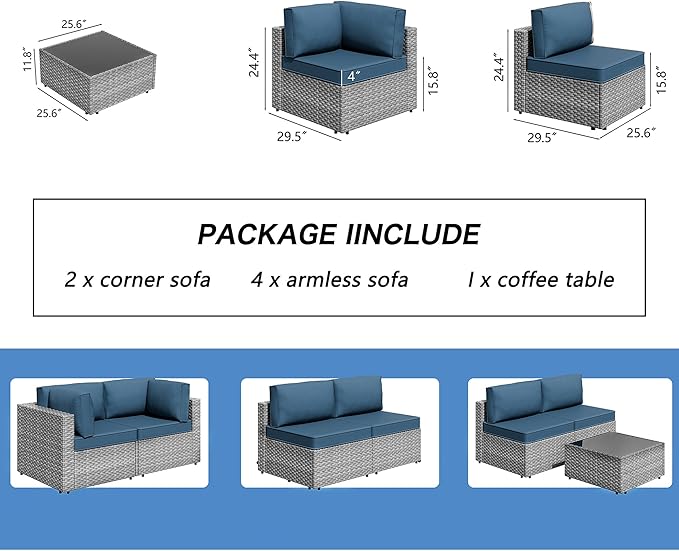 Shintenchi 7 Pieces Outdoor Patio Furniture Sets, Patio Sectional Sofa Couch, Silver Gray PE Wicker Furniture Modular Patio Conversation Sets Patio Sofa with Washable Cushions & Coffee Table (Blue)