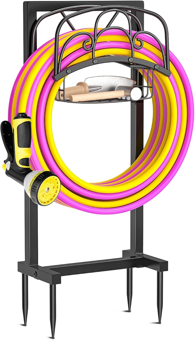 Garden Hose Holder,Heavy Duty Freestanding Detachable Storage Reel Stand,Upgraded 4 Spikes Hose Hanger for Outside Yard Lawn (curved line with Storage Basket)
