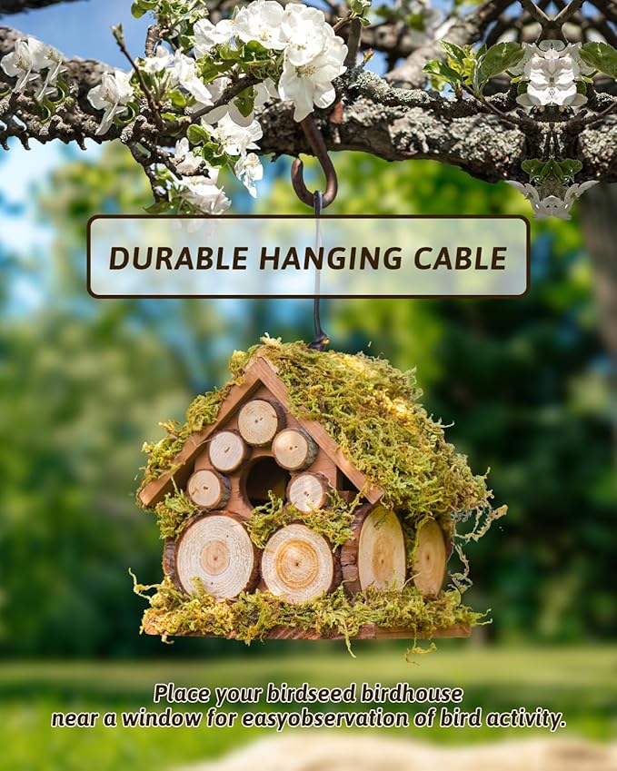 Spring Wren Bird House for Outside - Hard Wood Bird HouseNest Box for Outdoor - Moss Bird House with Cedar Rings- Gifts for Nature Lovers - Pole Mountable Bird House - 1.125" Entrance