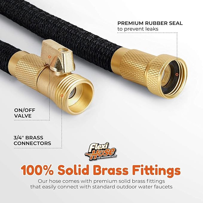 Flexi Hose PLUS with 8 Function Nozzle Expandable Garden Hose, Lightweight & No-Kink Flexible Garden Hose, 3/4 inch Solid Brass Fittings and Double Latex Core, 100 ft Black