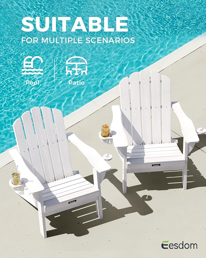 Adirondack Chairs Set of 6, HDPE Material Fire Pit Chairs, Plastic Adirondack Chairs with 2 Cup Holder, Outdoor Lawn Chair for Patio Garden,White