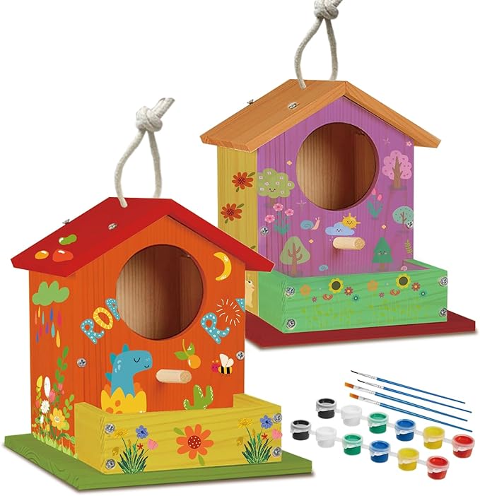 Bird House Kits for Kids Ages 4-8, Wooden DIY Birdhouse Kit, Outdoor Woodworking Crafts Freestyle Painting, Bird Houses for Outside with Paints & Brushes, Boy Girl Gift Christmas (2Pcs)