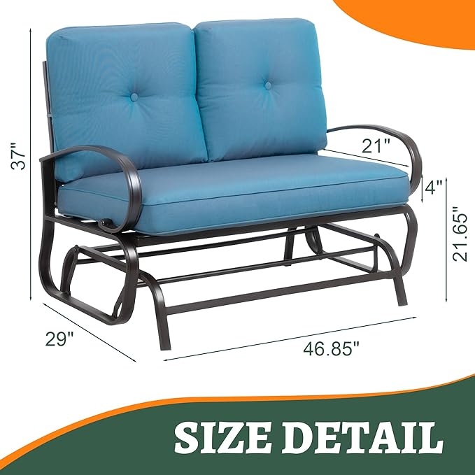 Shintenchi Metal Outdoor Patio Swing Glider Bench, Loveseat Rocking Chair, Wrought Iron Patio Furniture Steel Frame Glider Chair with Cushion for Porch, Balcony, Garden(Ocean Blue)