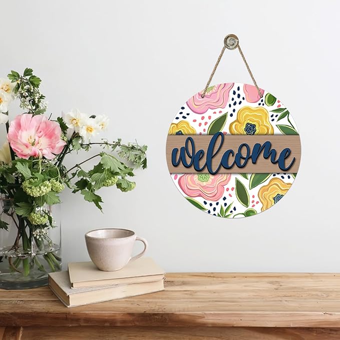 Welcome Spring Summer Flower Front Door Sign, Pink Yellow Floral Wood Door Hanger Outdoor Outside Porch Decor, Farmhouse Wooden Wreath Indoor Wall Hanging Decoration