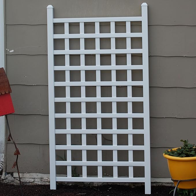 Dura-Trel 35" x 66" Country Garden Vinyl Trellis, Outdoor Plant Support Frame, White - Decorative Grid-Style Lattice for Climbing Vines, Plants & Flowers - Home Gardening and Planting Accessories